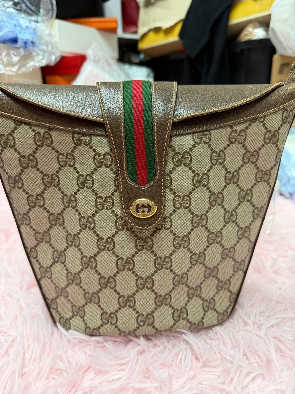 Gucci Beige Brown GG Canvas Hobo with Green-Red Web Stripe